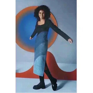 GANNI X Ahluwalia Denim Square Neck Midi Denim Wavy Dress Size 34 2